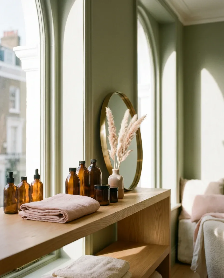 Amber bottles and pink towels on an oak shelf by the window