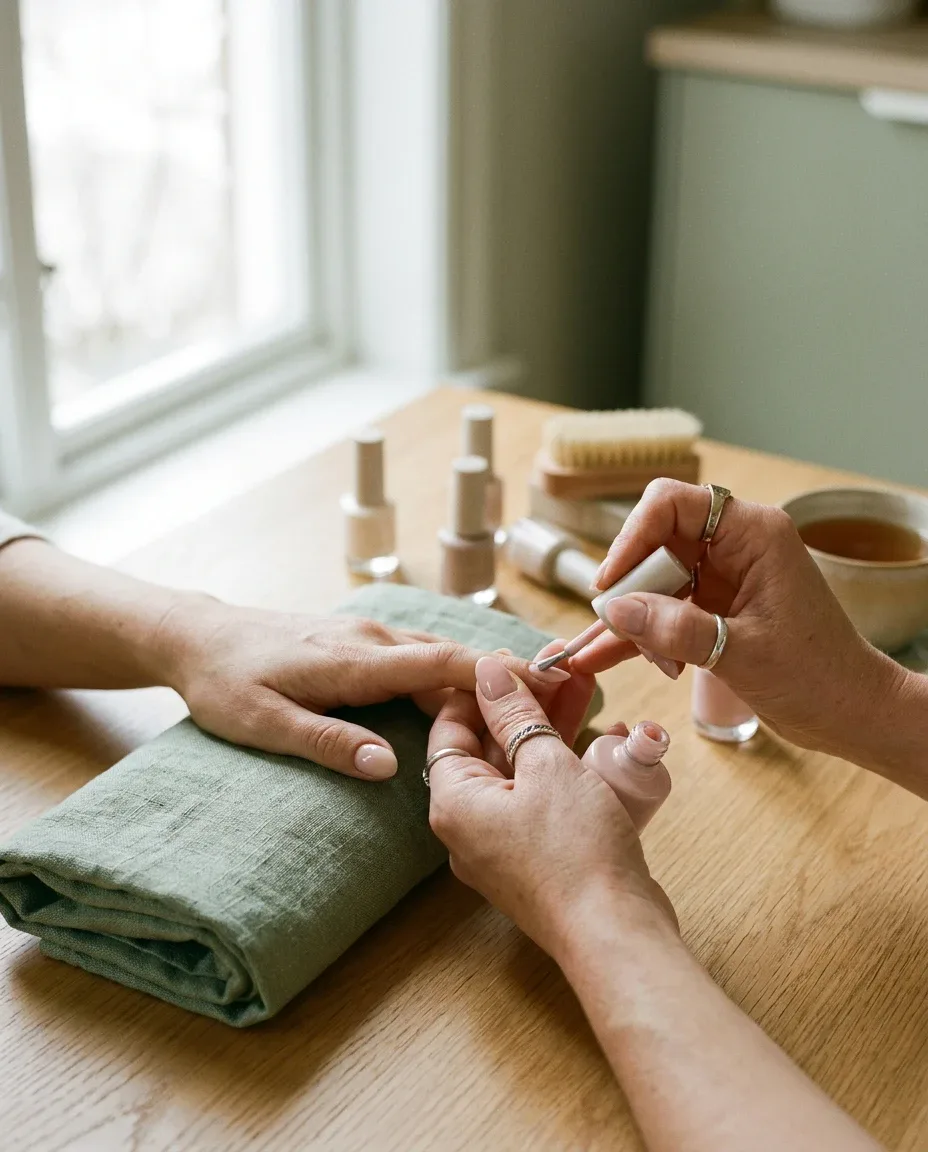 Blush gel polish being applied